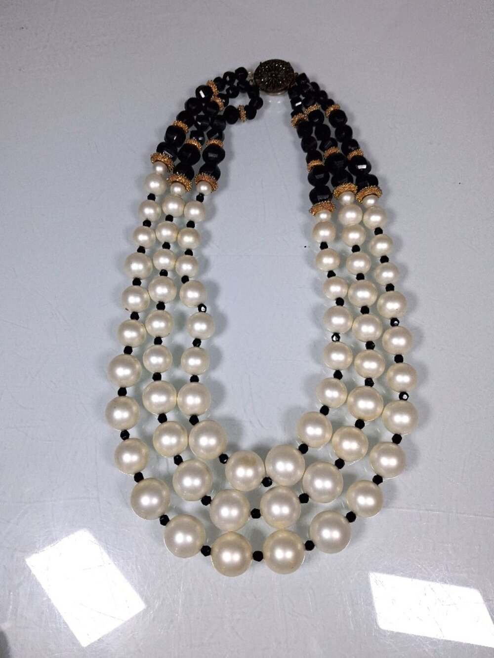 Vintage Triple Strand Faux Pearl And Black Beaded Statement Necklace